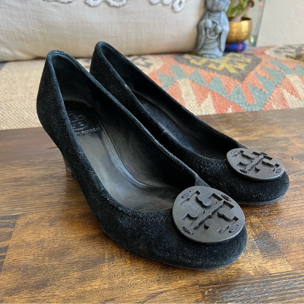 Tory Burch Black Suede Pump Wedges US6